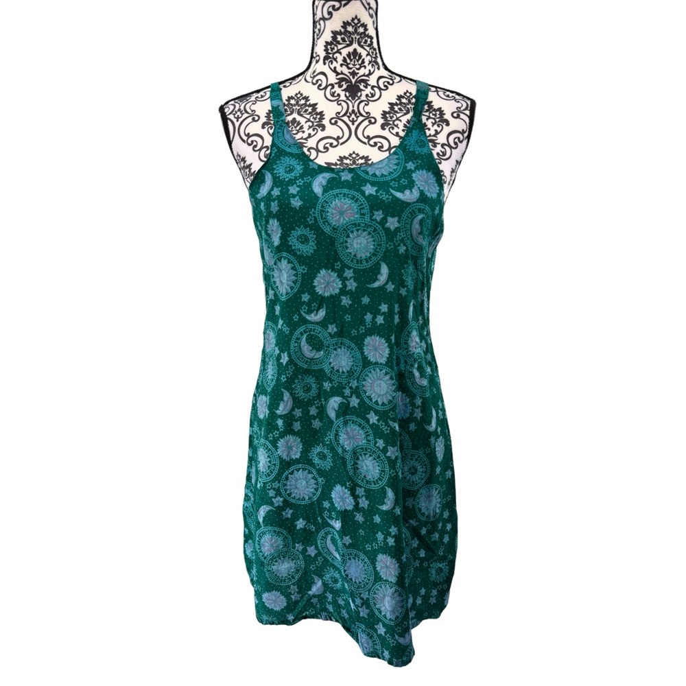 Vintage 100% Silk Fashion Fuse Dress Celestial Print Whimsical Green Boho Slip